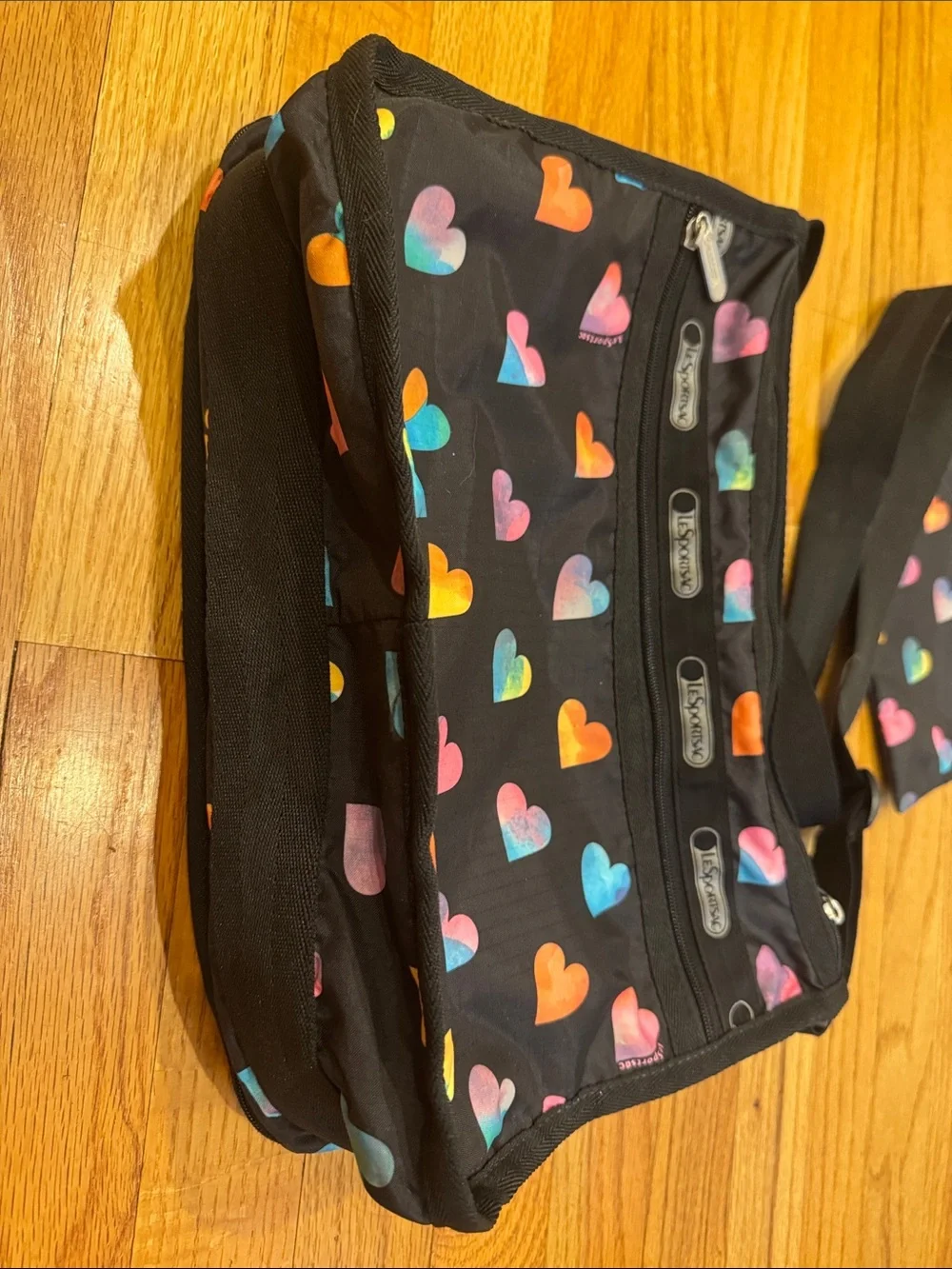 LeSportsac Black Crossbody Bag with Multicolor Heart Print - with matching pouch